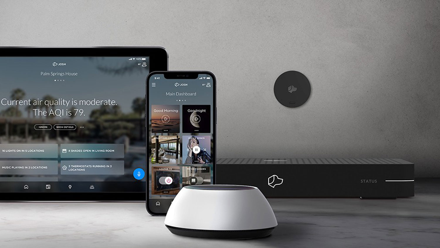 tablet, smartphone, speaker and server 