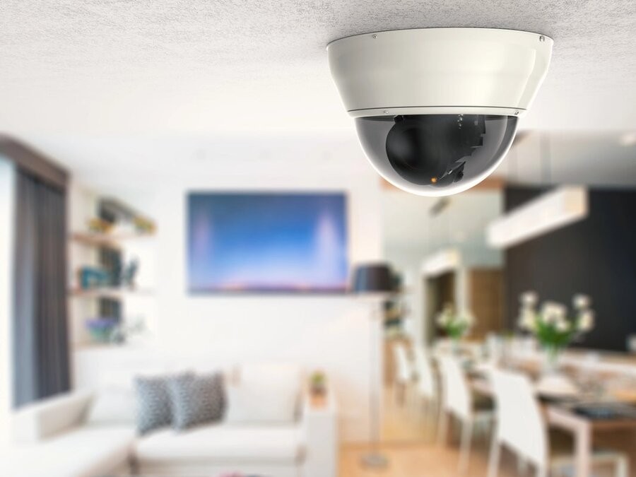 A living room space in the background and a home security camera in the foreground in focus.