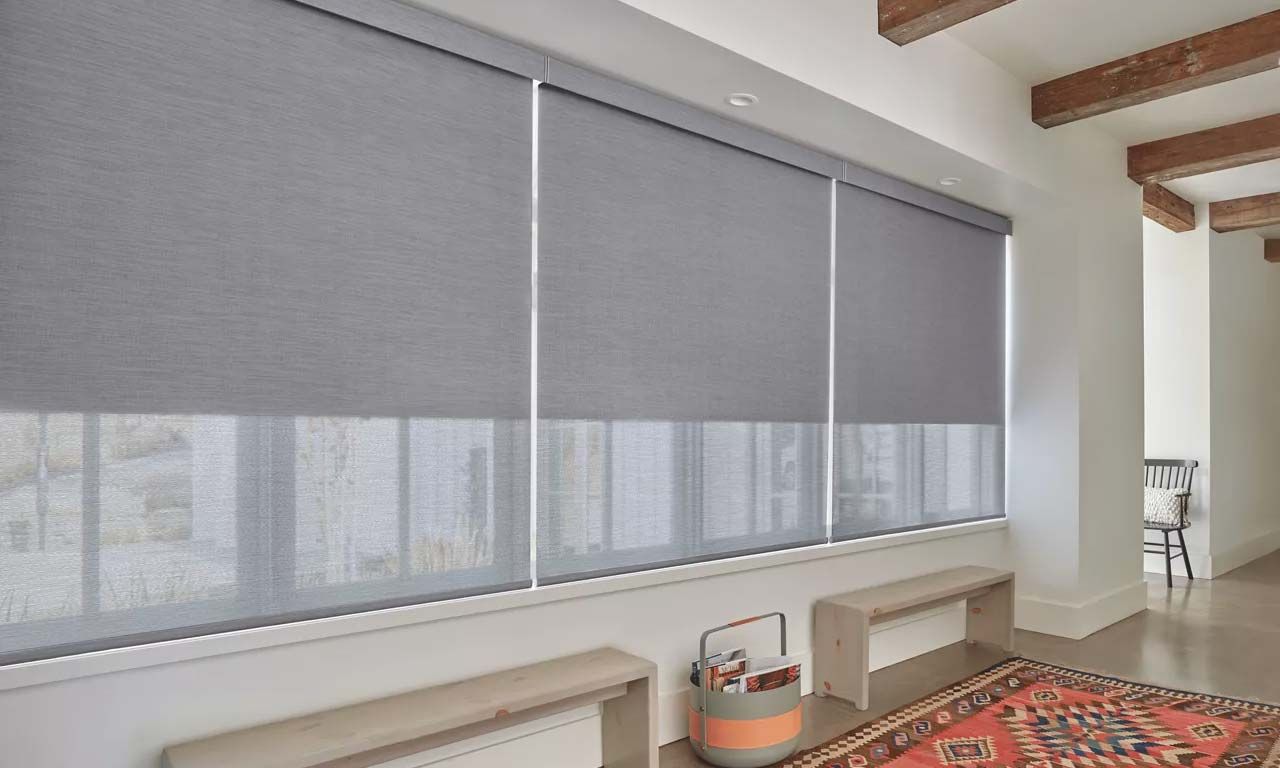 Blue frame with fabric Lutron Palladiom roller shades