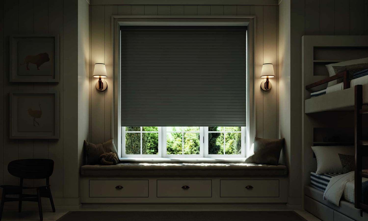 Blackout shades by Lutron in a cool grey bedroom