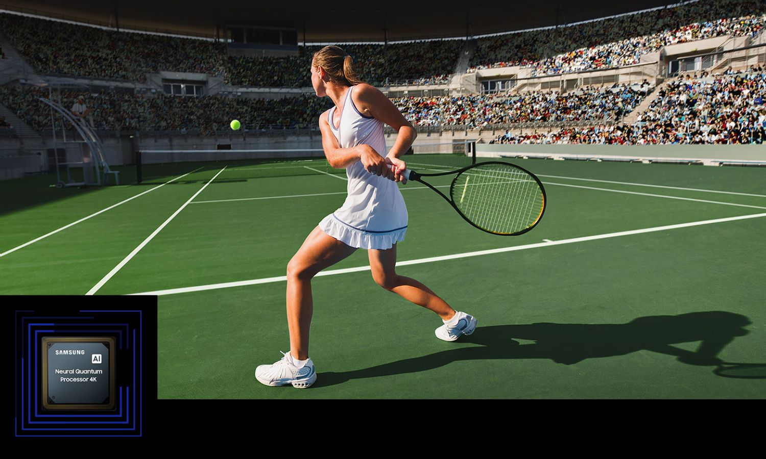 Female tennis player about to hit a ball